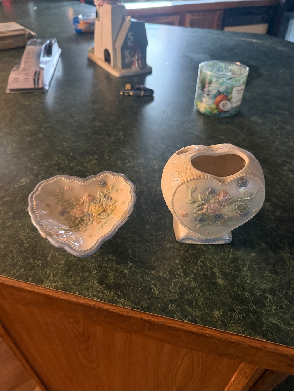 Cream Heart-Shaped Ceramic Vase with Pastel Floral Relief